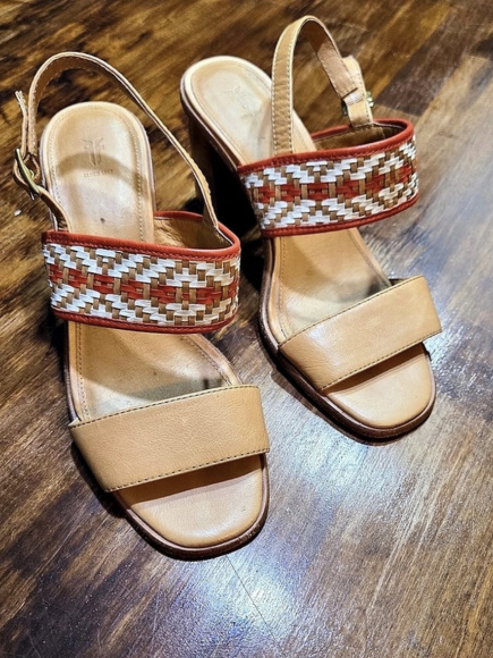 Frye Amy Woven Tribal Strap Tan Leather Slingback Heel Sandal Boho 8.5 M
